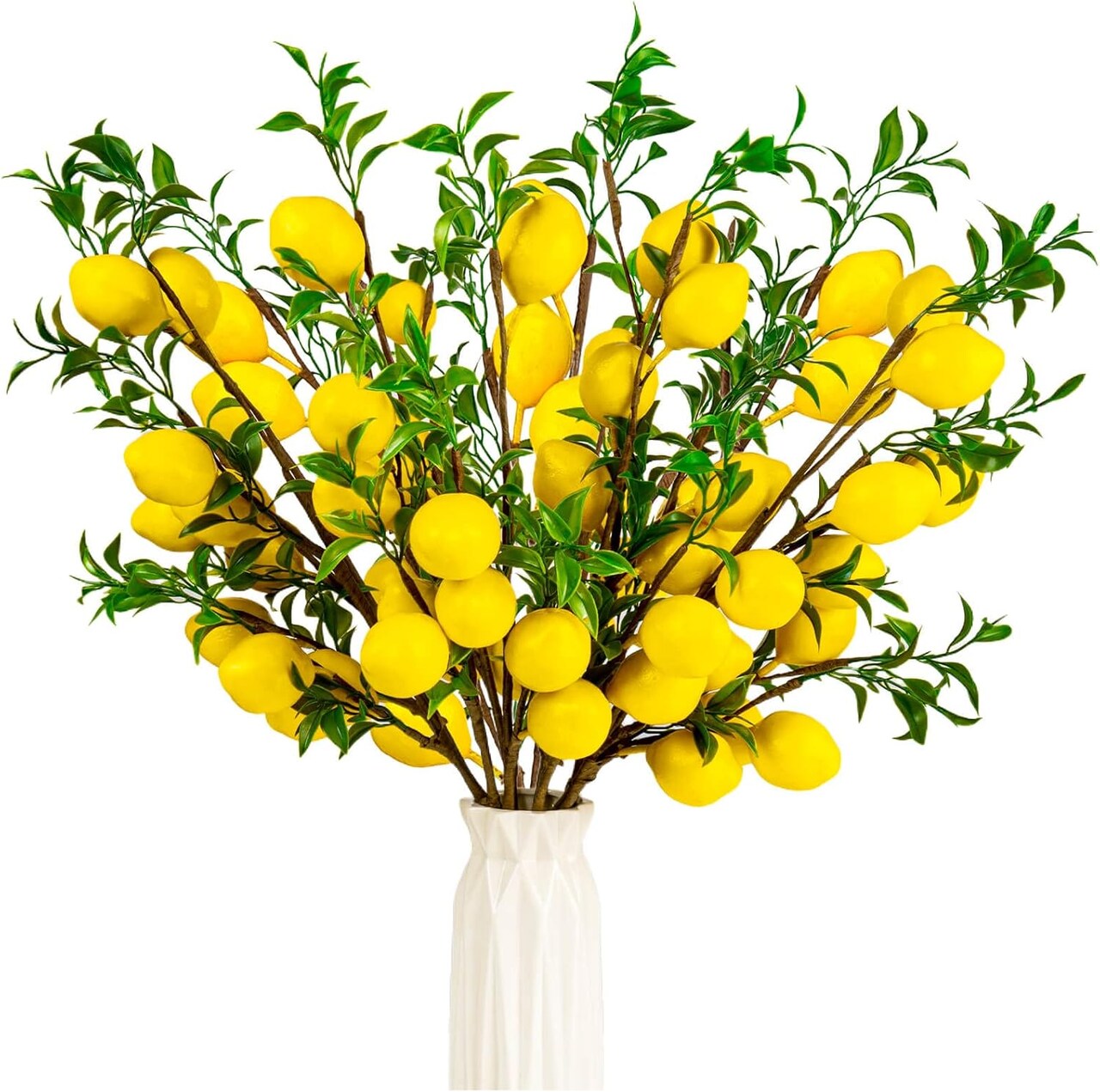 4pcs Artificial Lemon Branches, 19-inch vibrant yellow faux lemons with green leaves and bendable stems—perfect for home kitchen décor, garden displays, office desks, and summer party decorations.